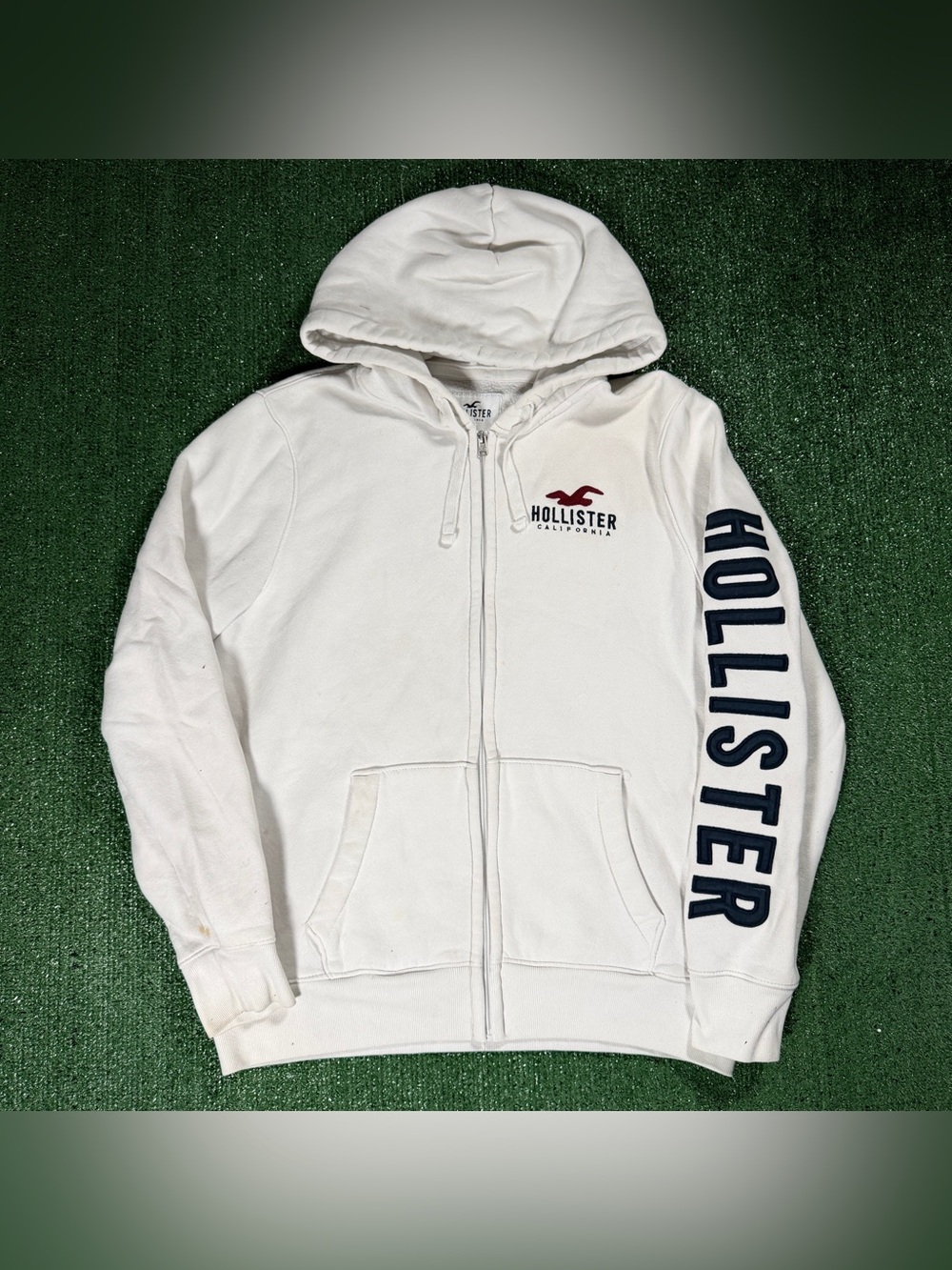 Y2K Mens Hollister Full Zip Hoodie Spellout Sleeve White Large